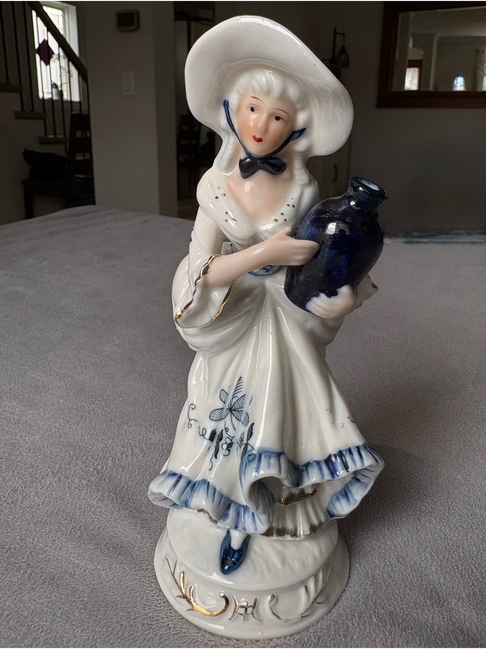 White and Blue Porcelain Lady Figurine Decorative Statue